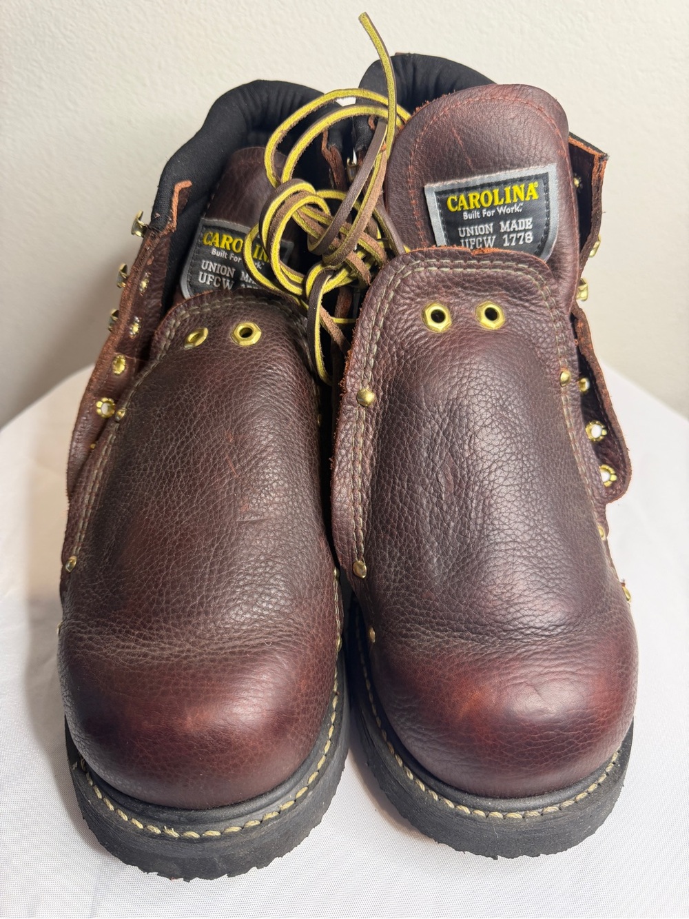 Vibram Brown Leather Work Boots with Yellow Laces